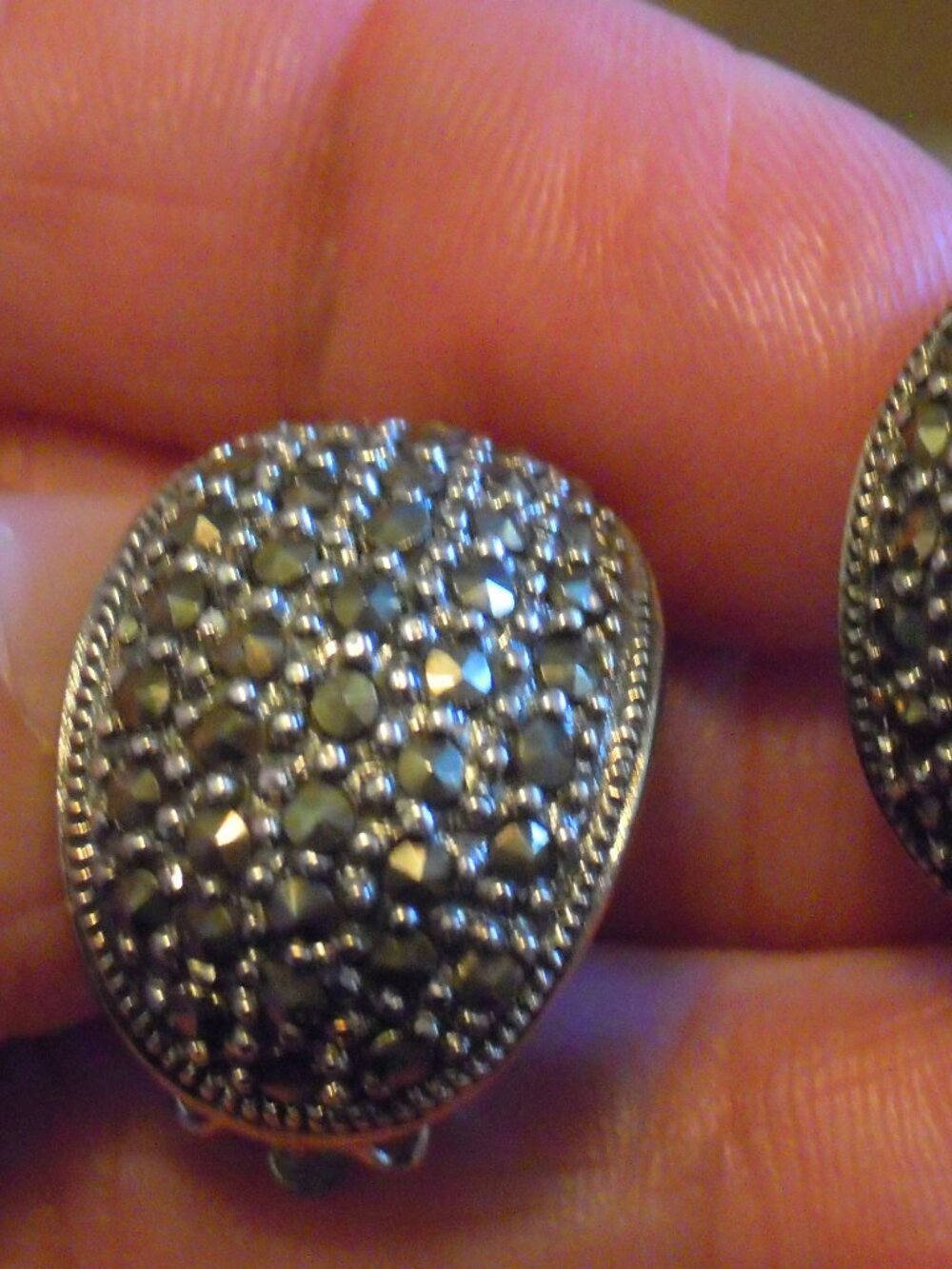 Vintage Marcasite 925 Sterling Silver Dome Earrings Clip-on